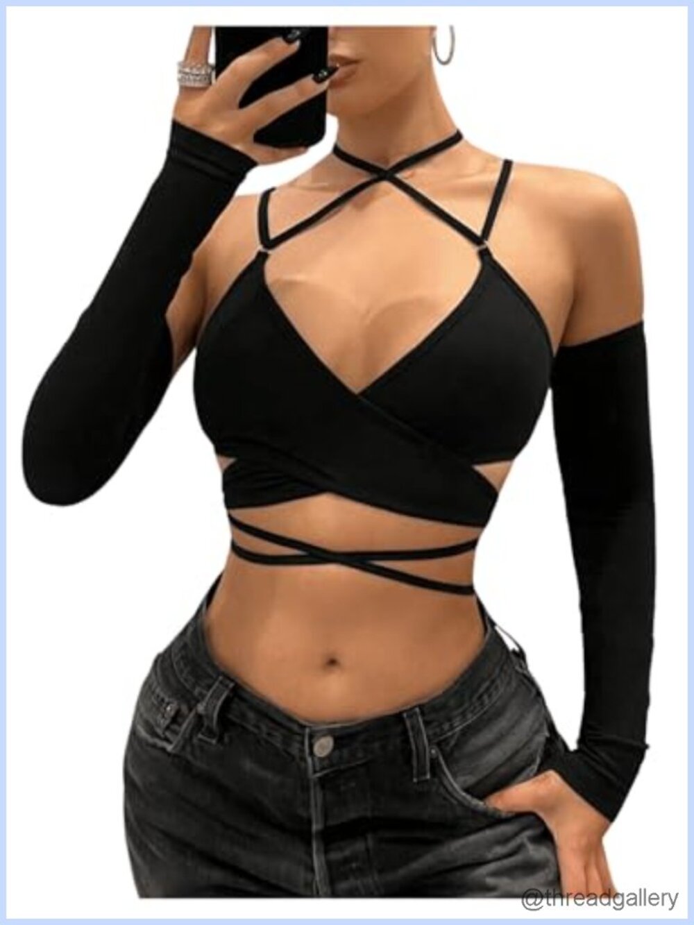 Criss Cross Halter Crop Top Long Sleeve Backless